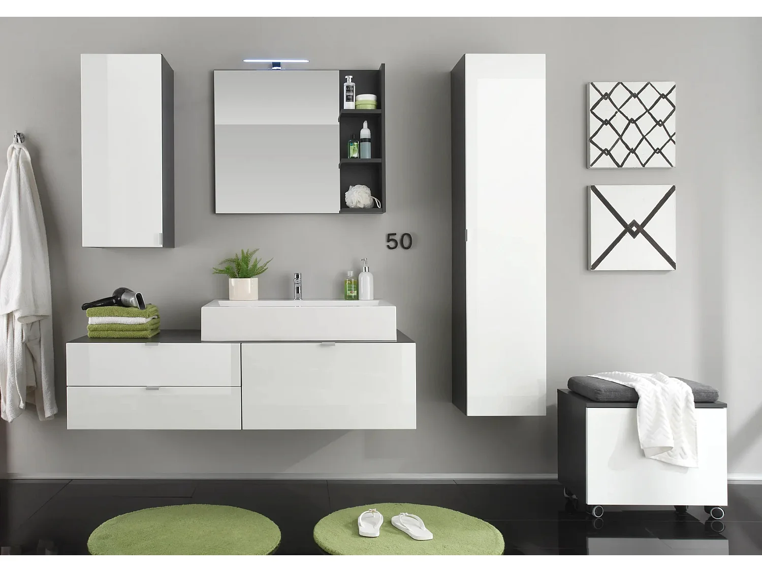 Columna de baño suspendida Ibiza 140 cm blanco brillo y antracita 1 puerta