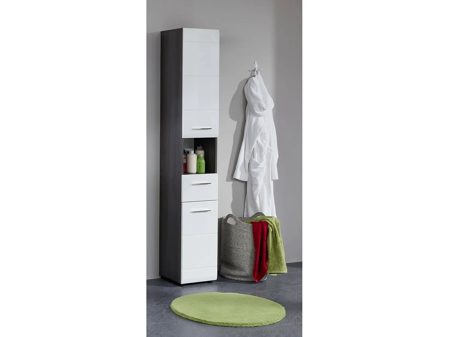 Meuble salle de bain - Colonne en mélaminé gris - blanc. L-H-P : 30-182-31