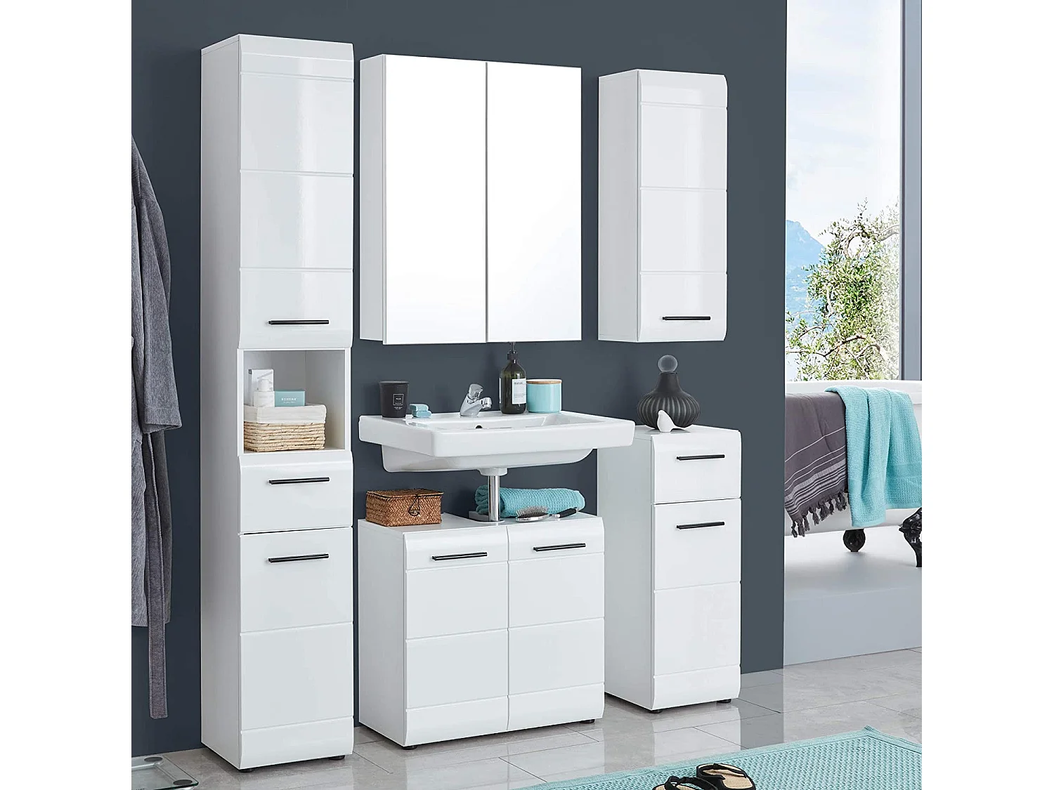 Meuble colonne salle de bain blanc brillant 2 portes 1 tiroir Kinzo 30cm