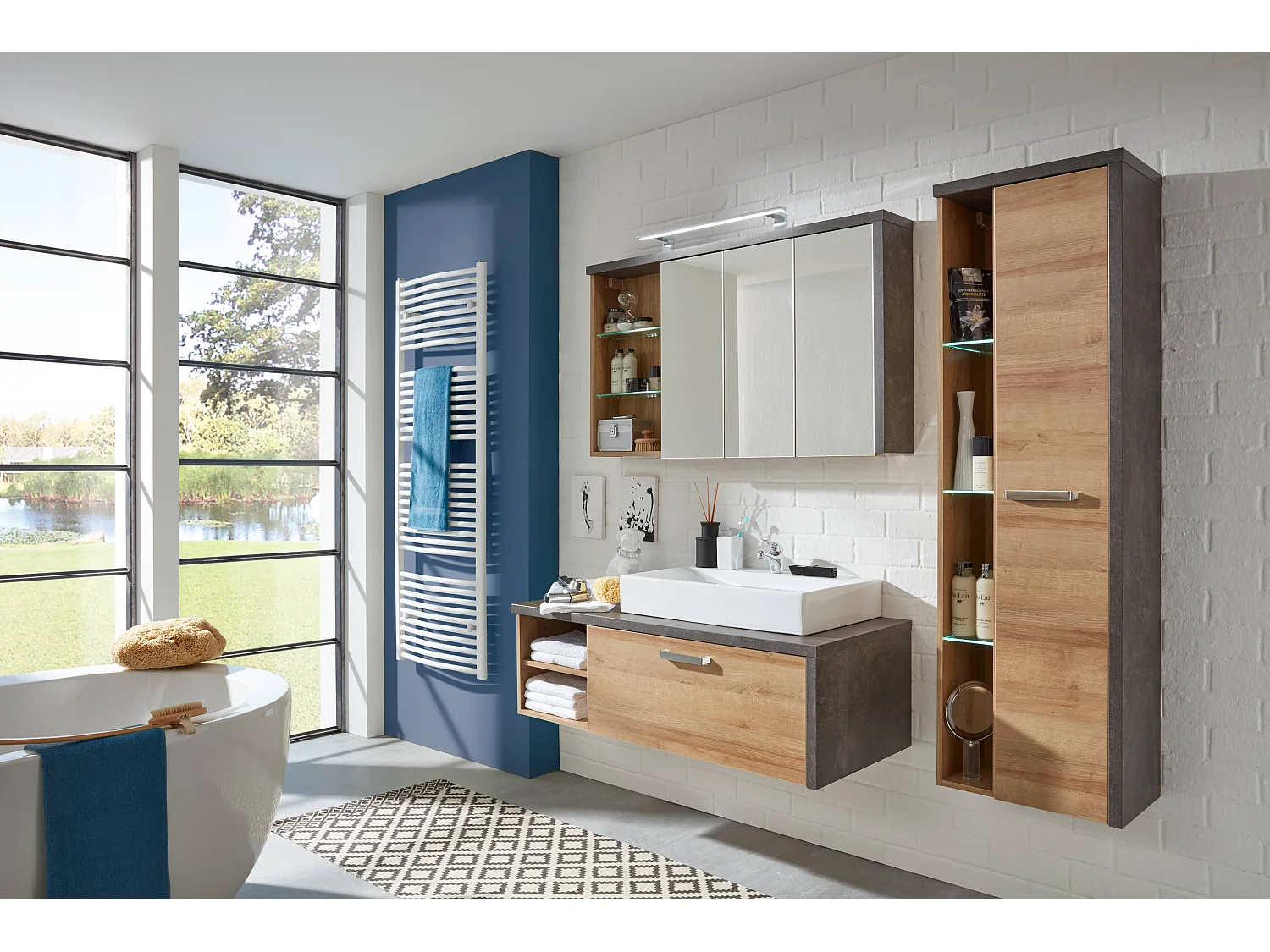 Colonne de salle de bain suspendue 1 porte chêne Riviera miel et gris béton Babel 160cm