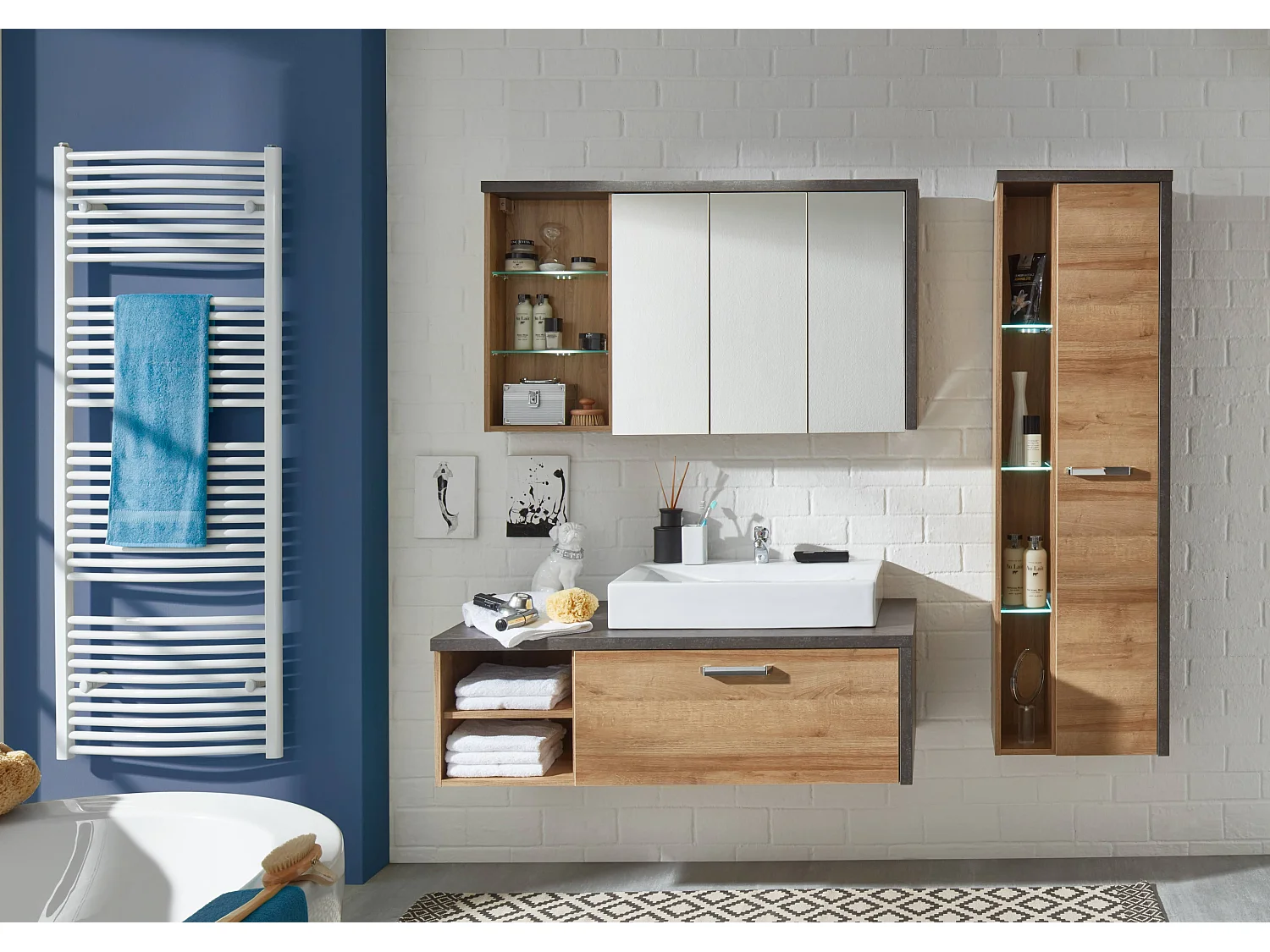 Colonne de salle de bain suspendue 1 porte chêne Riviera miel et gris béton Babel 160cm