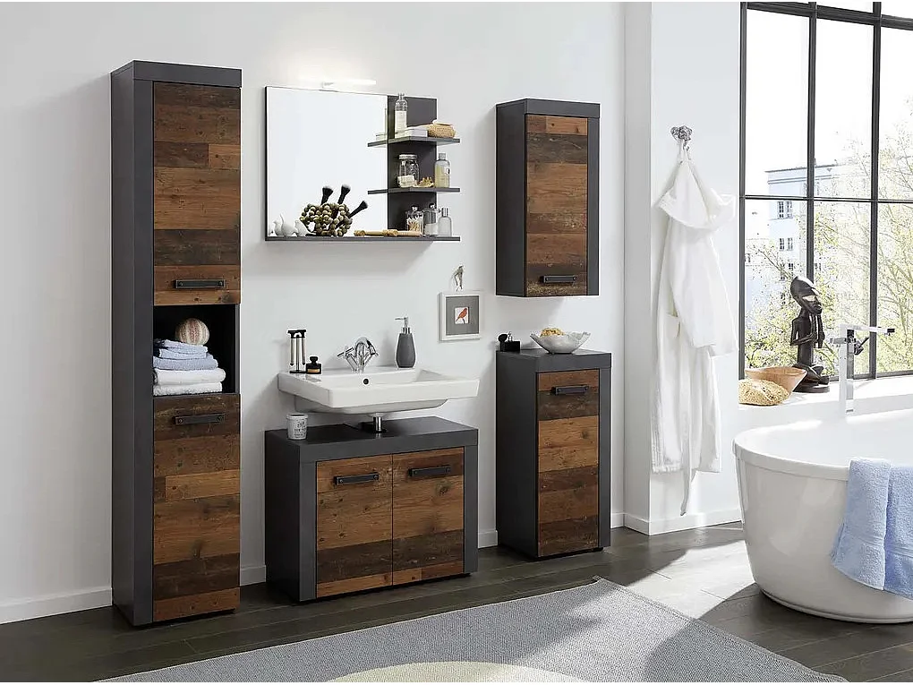Colonne salle de bain 2 portes mélaminé anthracite et noyer Cali