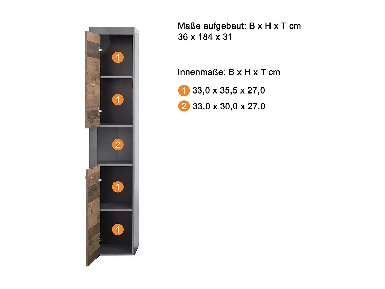 Colonne salle de bain 2 portes mélaminé anthracite et noyer Cali