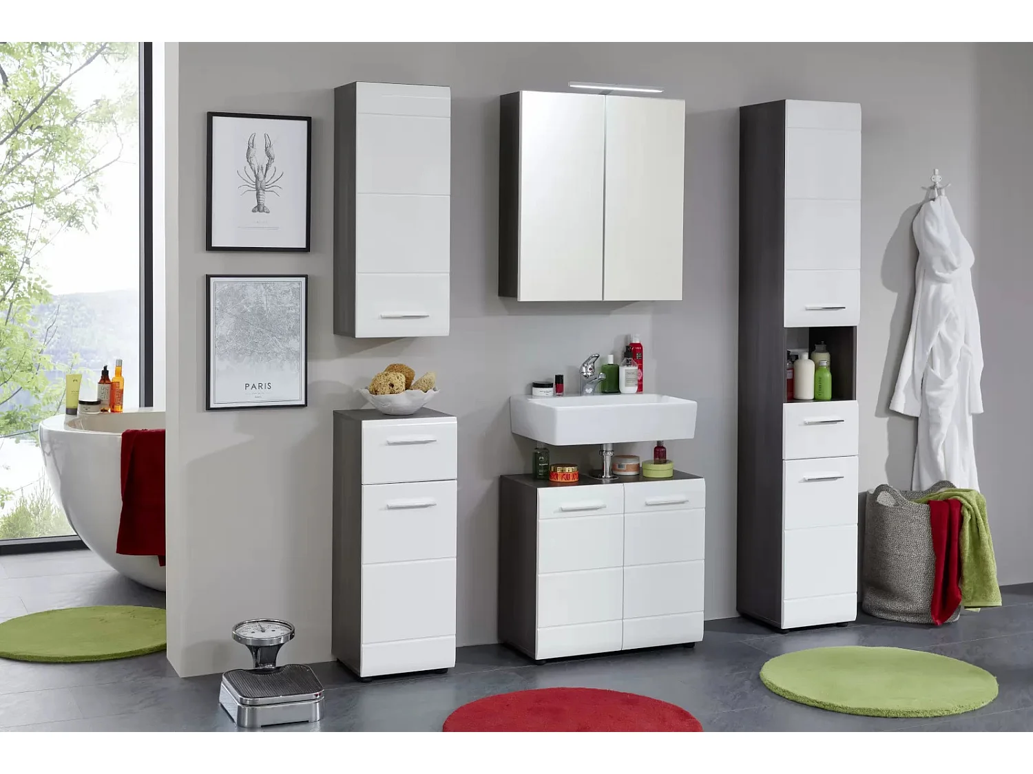 Kinzo glanzend wit en asgrijs badkamerkolomkast 2 deuren 1 lade 30 cm