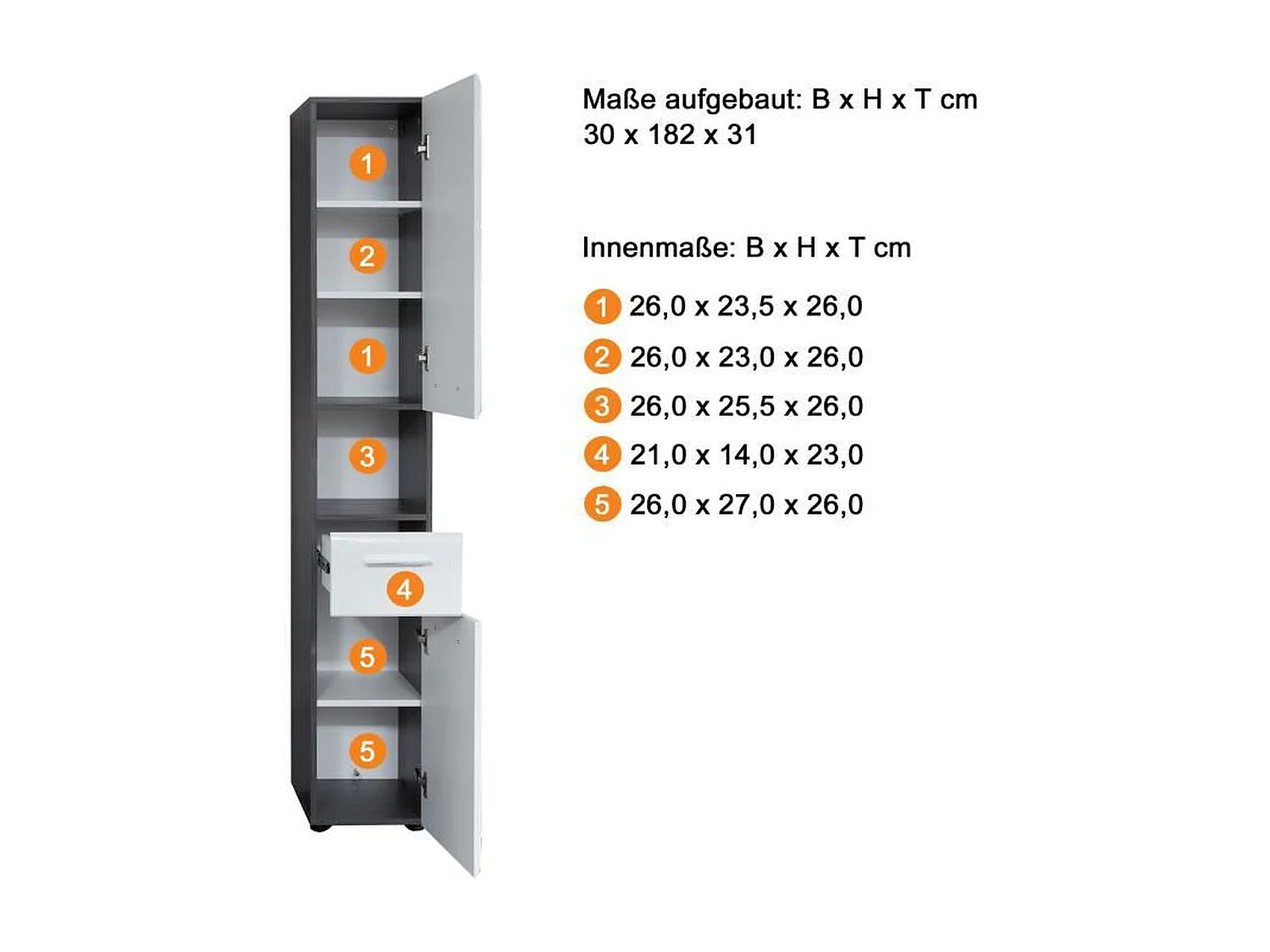 Meuble colonne salle de bain blanc brillant et gris cendré 2 portes 1 tiroir Kinzo 30cm