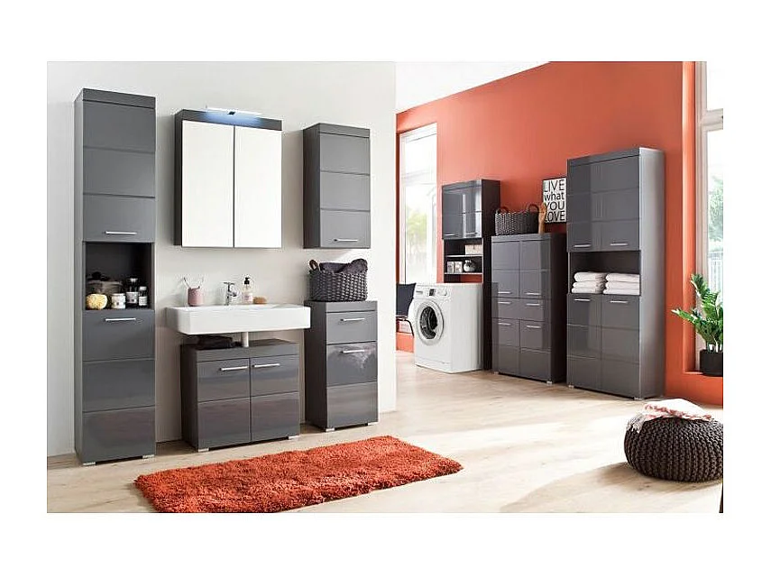 Meuble bas gris brillant 1 porte 1 tiroir Kelia 37cm