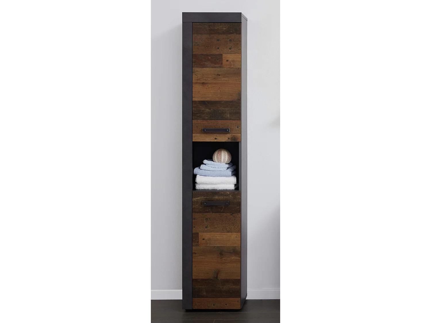 Meuble salle de bain. Meuble colonne mélaminé coloris noyer et gris foncé. L - H - P : 36 | 184 | 31 cm.