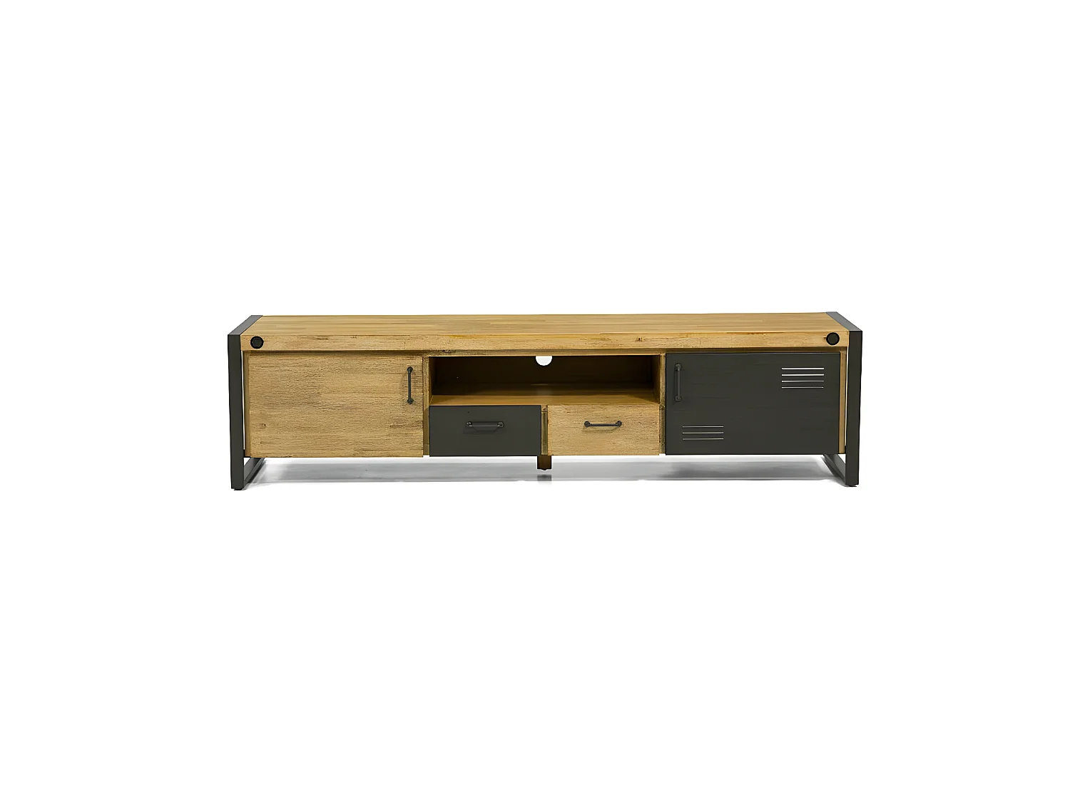 Kiko meuble TV en bois d'Acacia - 2 tiroirs - 2 portes - Portes en métal noir - Style industriel - L200