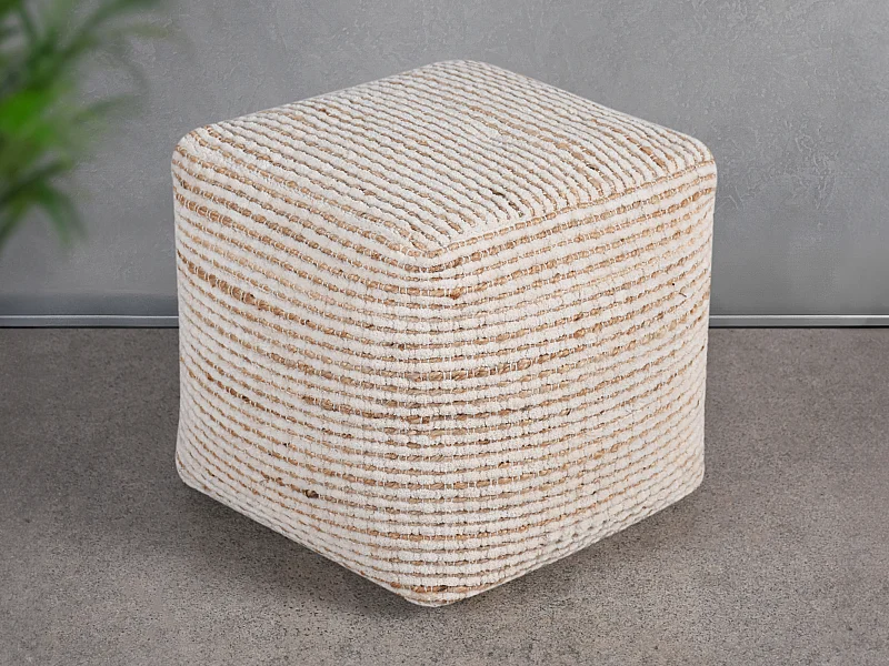 Pouf carré en coton et jute coloris ivoire et naturel ALBORGA