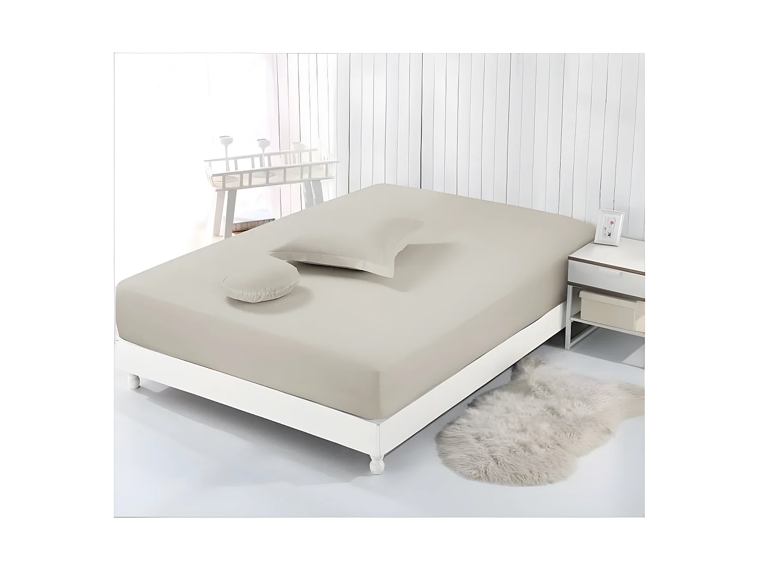 Drap Housse 100% Coton 180x200 cm Mastic Tissage Serré 57 fils/cm²