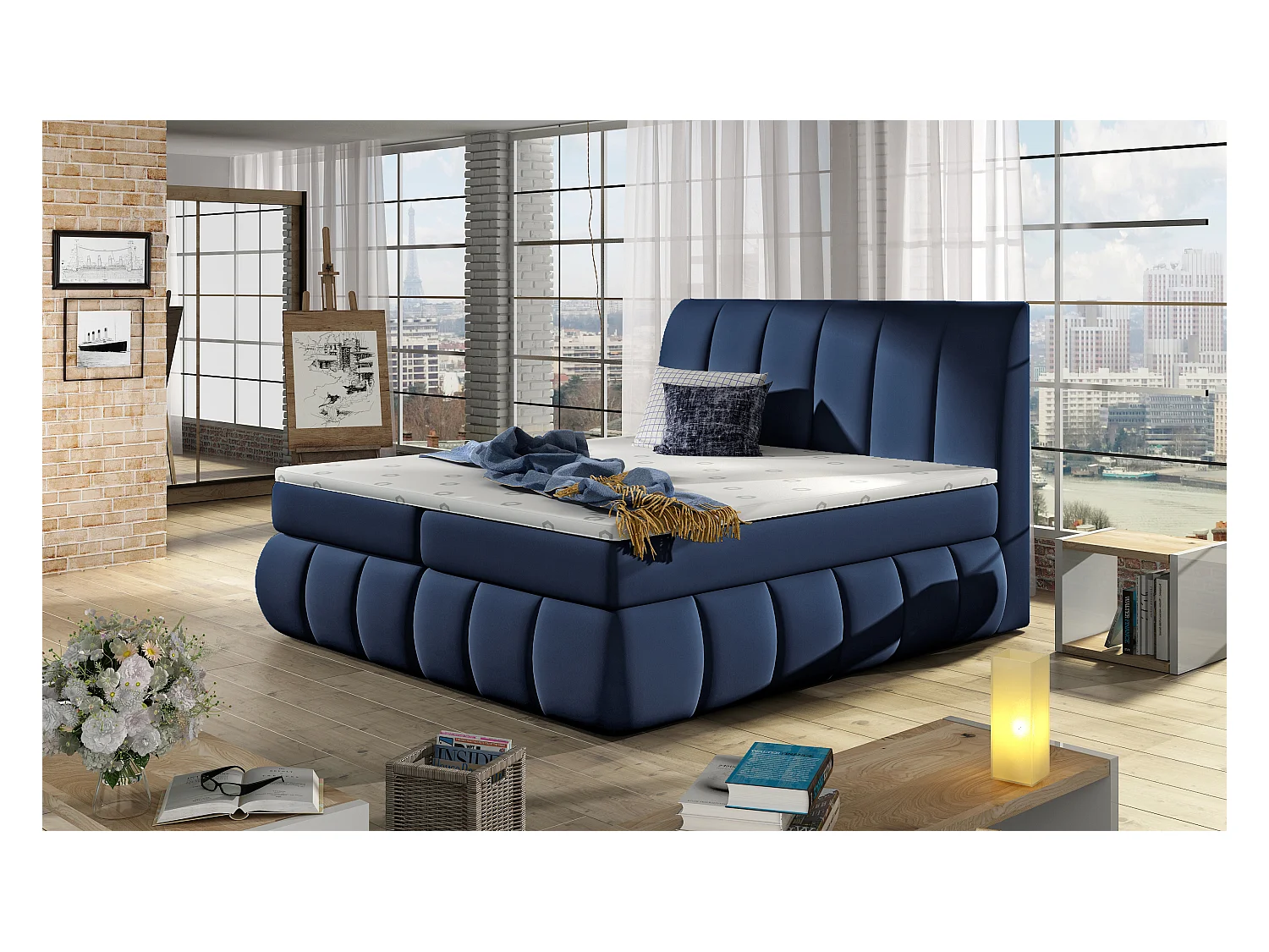 Box Spring Lit Florence S (140x200)/Tissu-Bleu