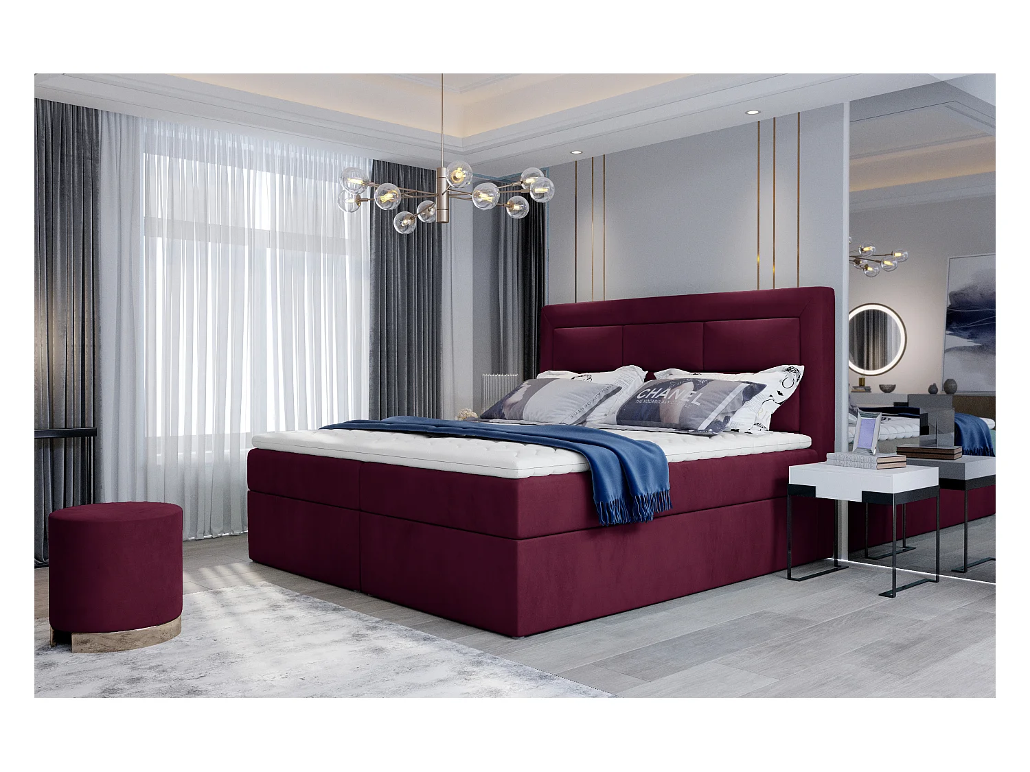 Box Spring Lit Rumbio M (160x200)/Tissu-Bordeux