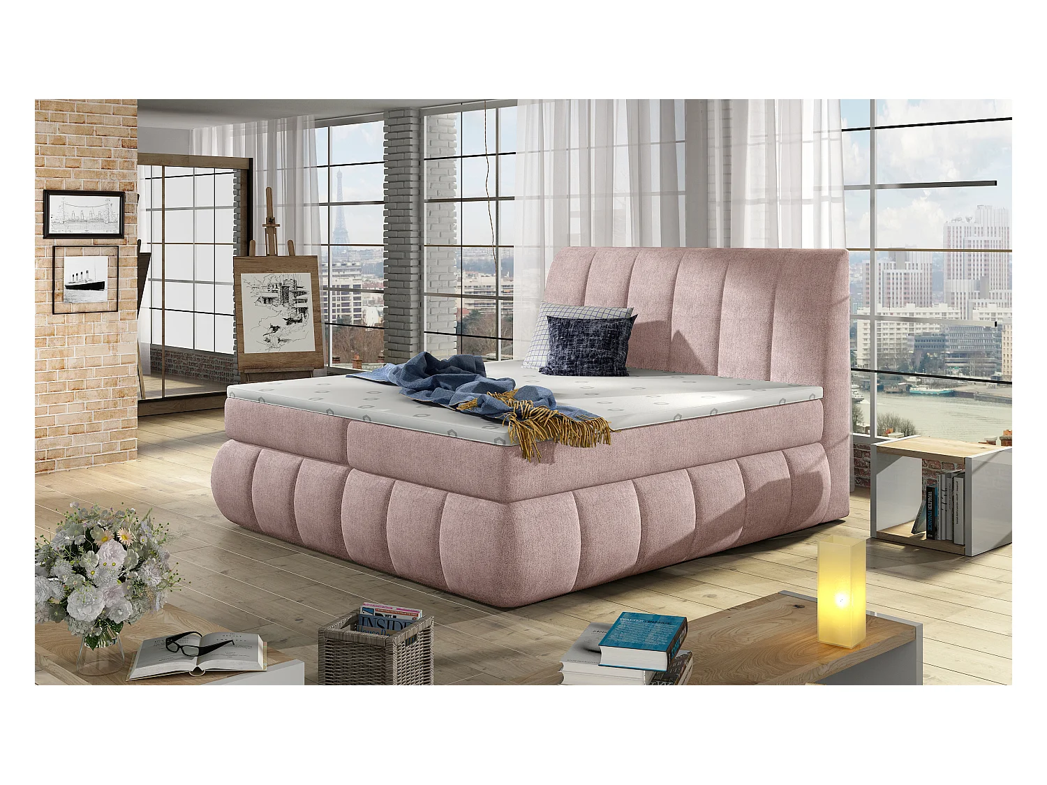 Box Spring Lit Florence M (160x200)/Tissu-Rose