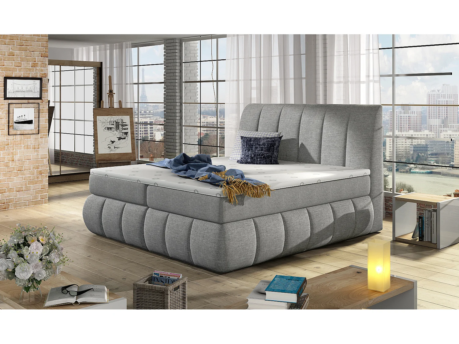 Box Spring Lit Florence M (160x200)/Tissu-Gris
