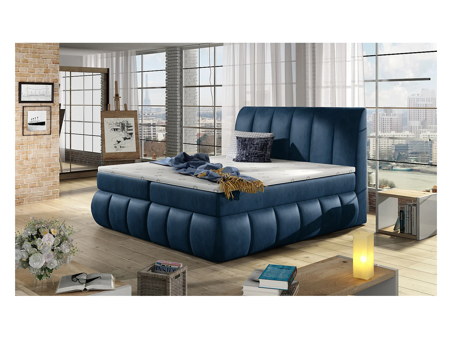 Box Spring Lit Florence M (160x200)/Tissu-Bleu