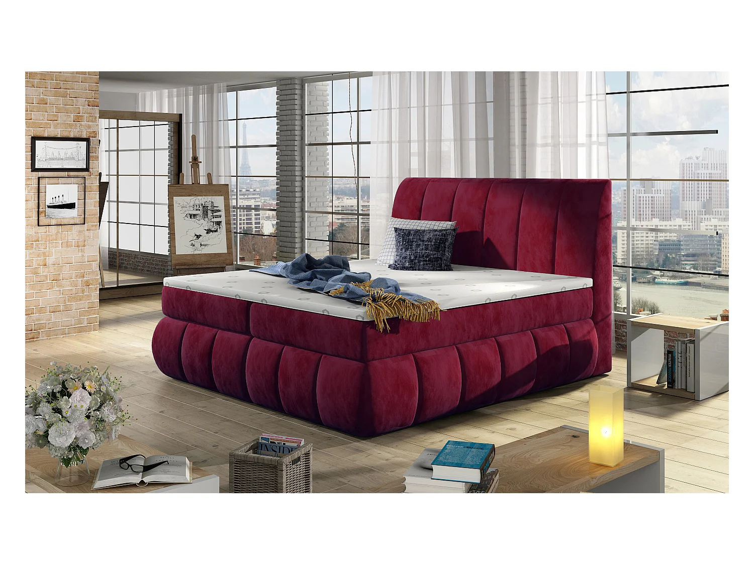 Box Spring Lit Florence S (140x200)/Tissu-Bordeux