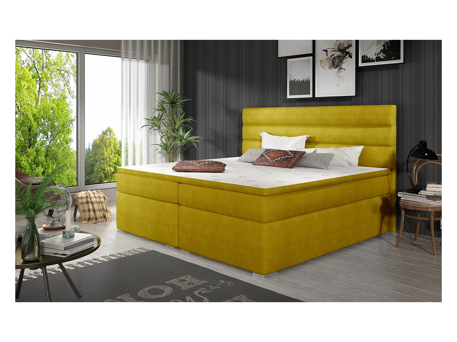 Box Spring Lit Boxeo L (180x200)/Tissu-Jaune