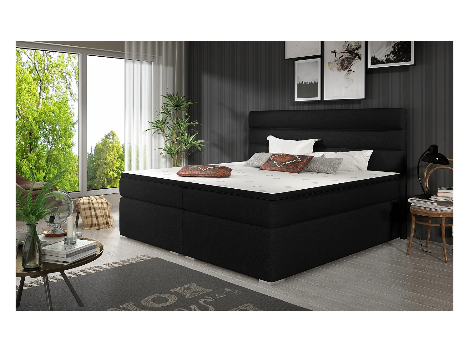 Boxspringbett Boxeo M (160x200)/Stoff-Schwarz
