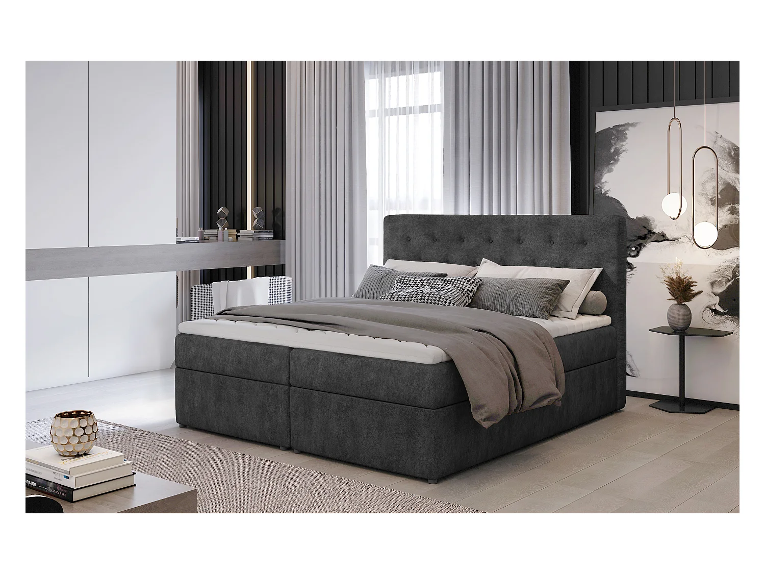 Box Spring Lit Christine M (160x200)/Tissu-Gris
