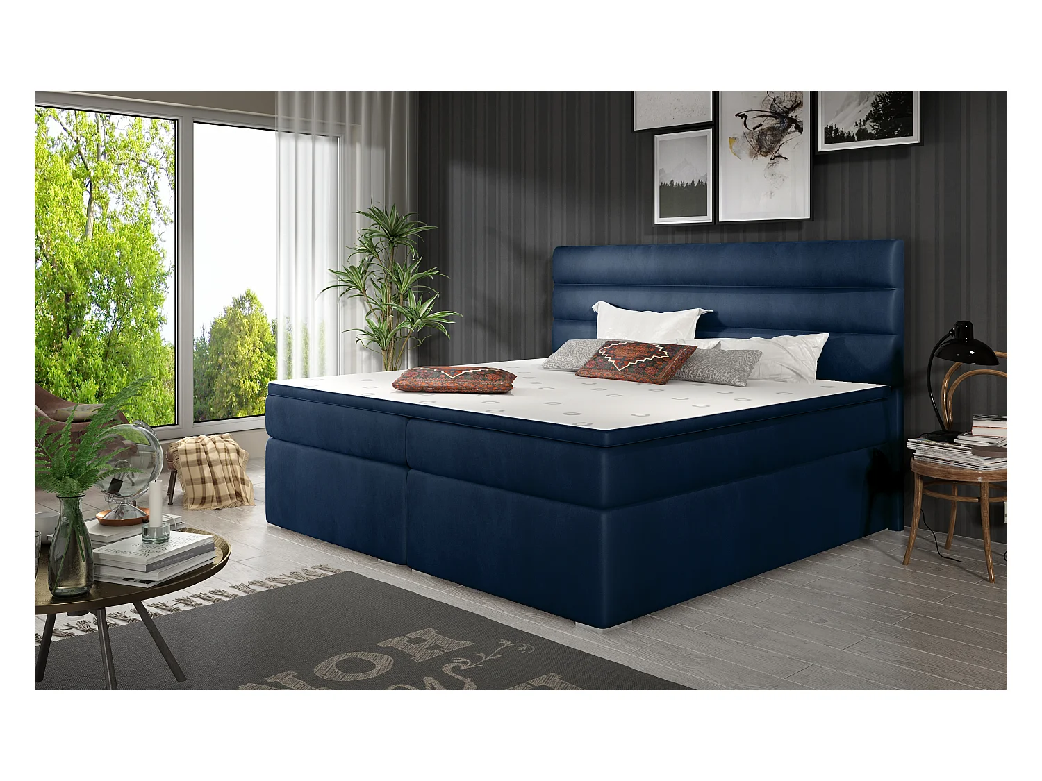 Box Spring Lit Boxeo M (160x200)/Tissu-Bleu