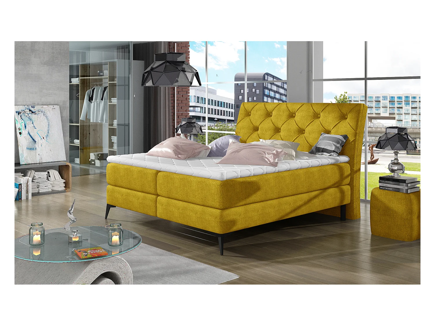 Box Spring Letto Mudryc M (160x200)/Tessuto-Gialo