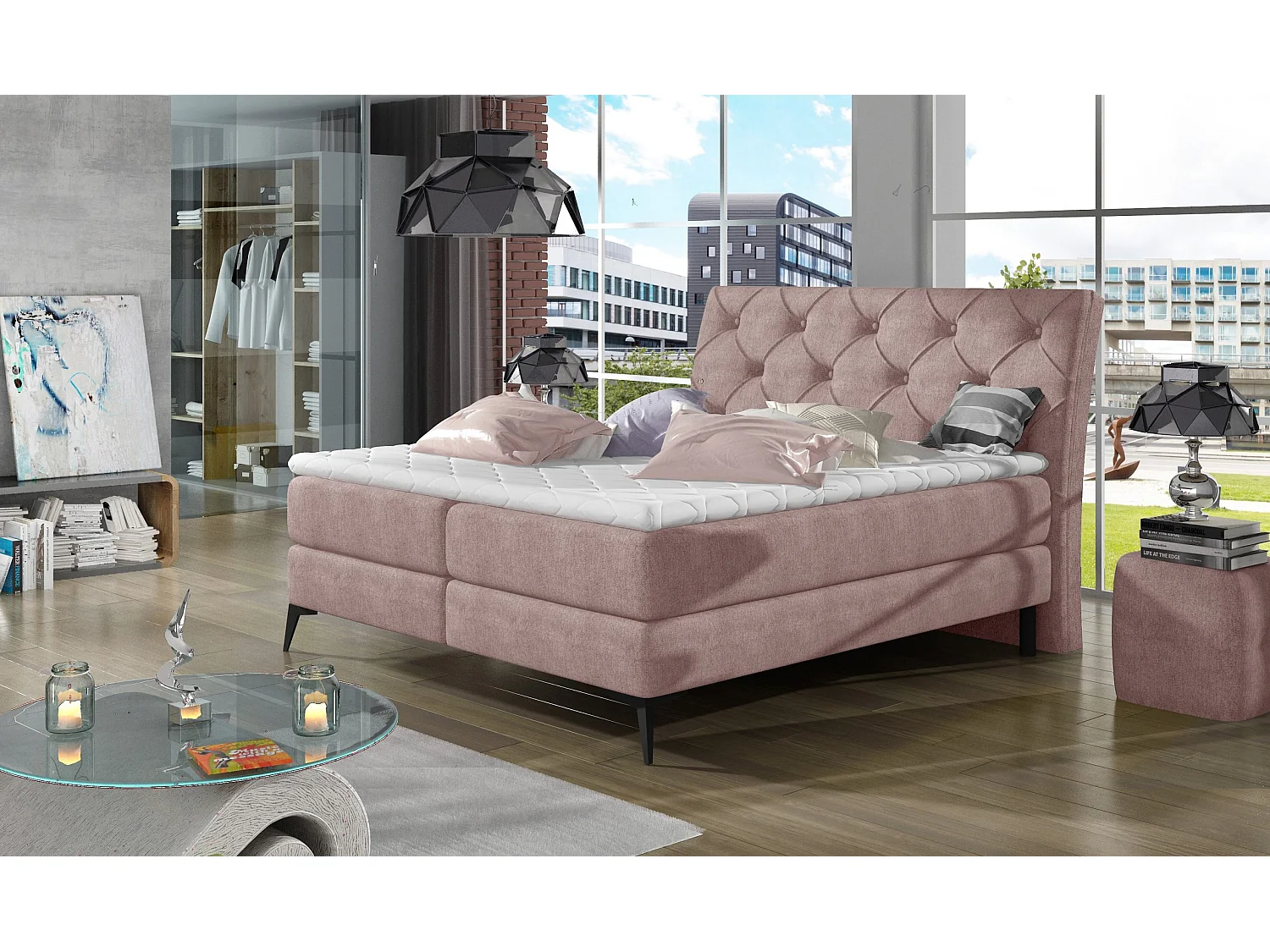 Box Spring Letto Mudryc M (160x200)/Tessuto-Rosa