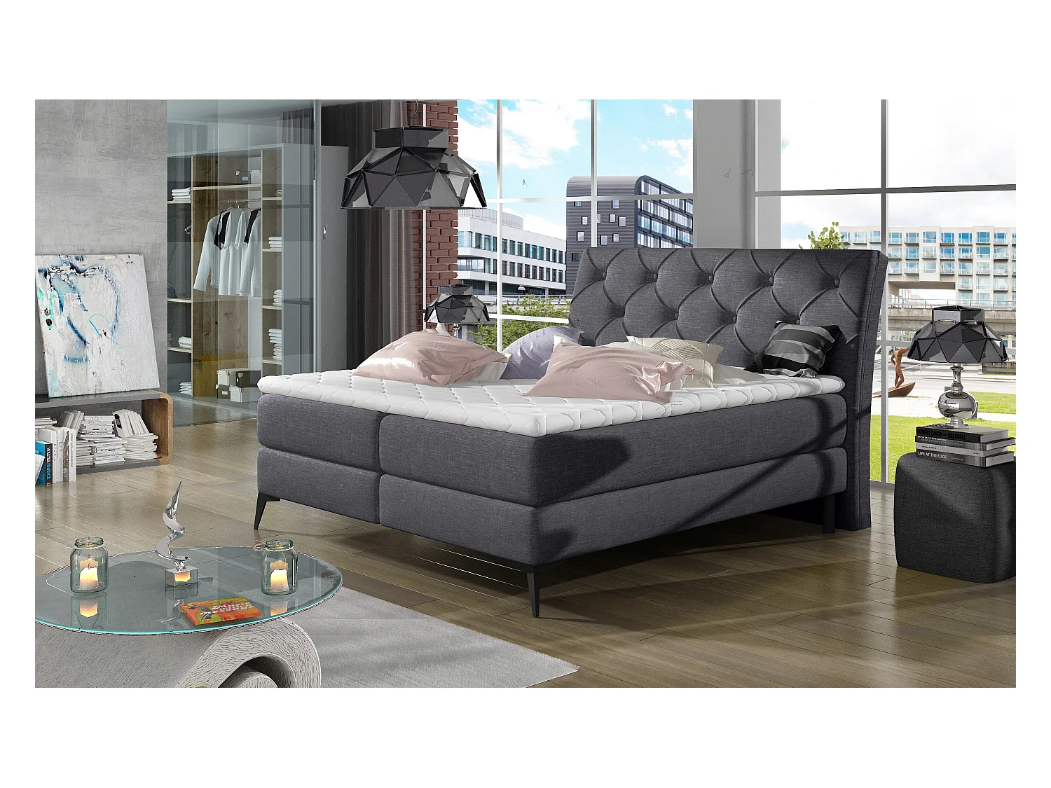 Boxspringbett Mudryc M (160x200)/Stoff-Grau