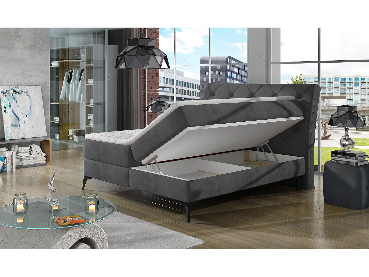 Box Spring Lit Mudryc M (160x200)/Tissu-Gris