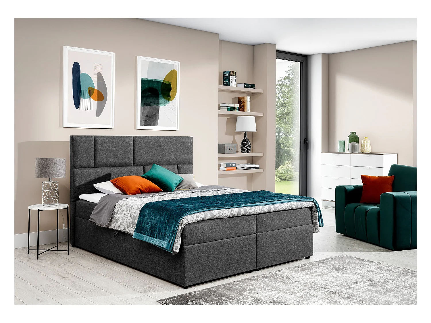 Boxspringbett Limbardo L (180x200)/Stoff-Grau