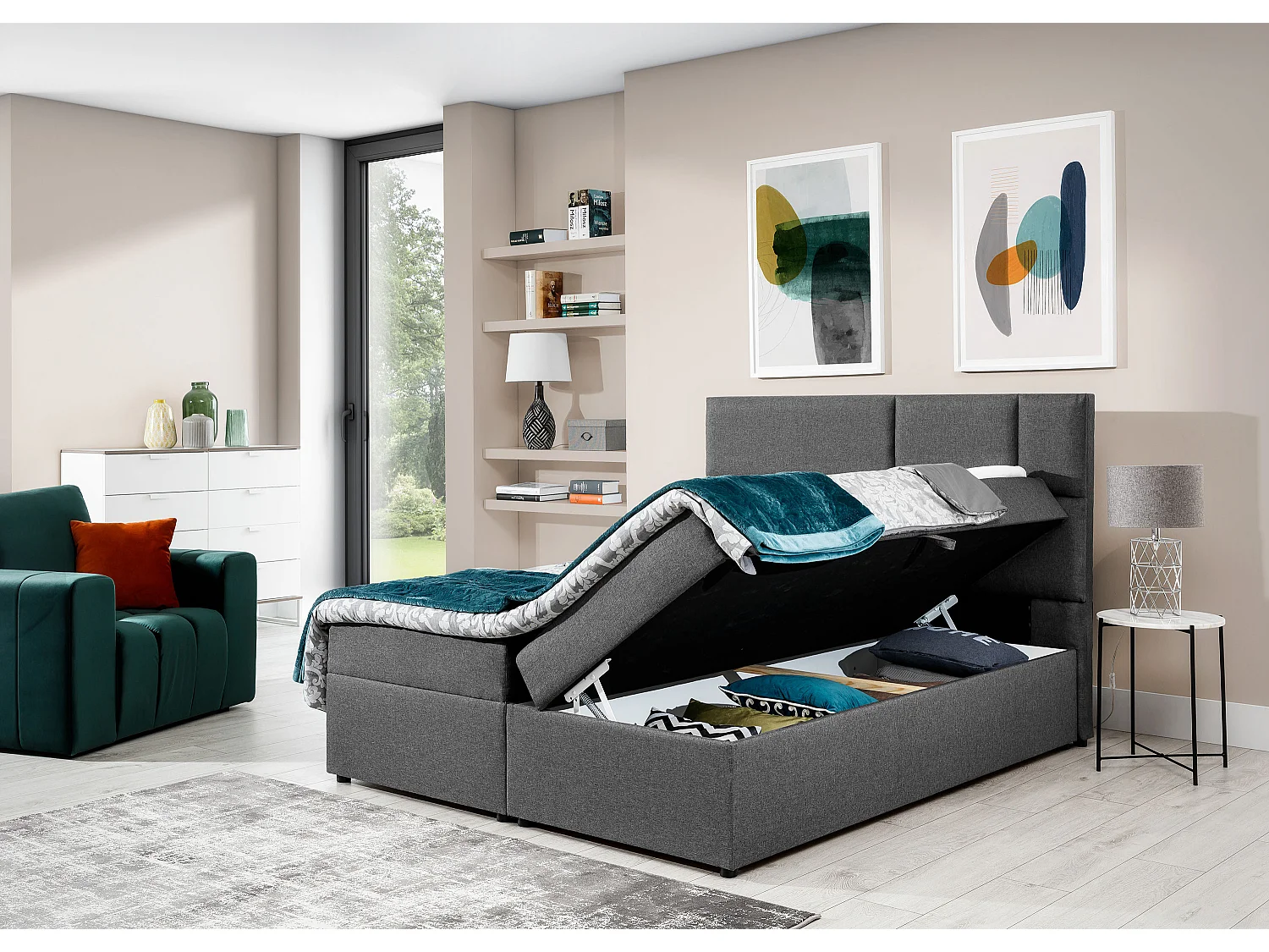 Boxspringbett Limbardo L (180x200)/Stoff-Grau