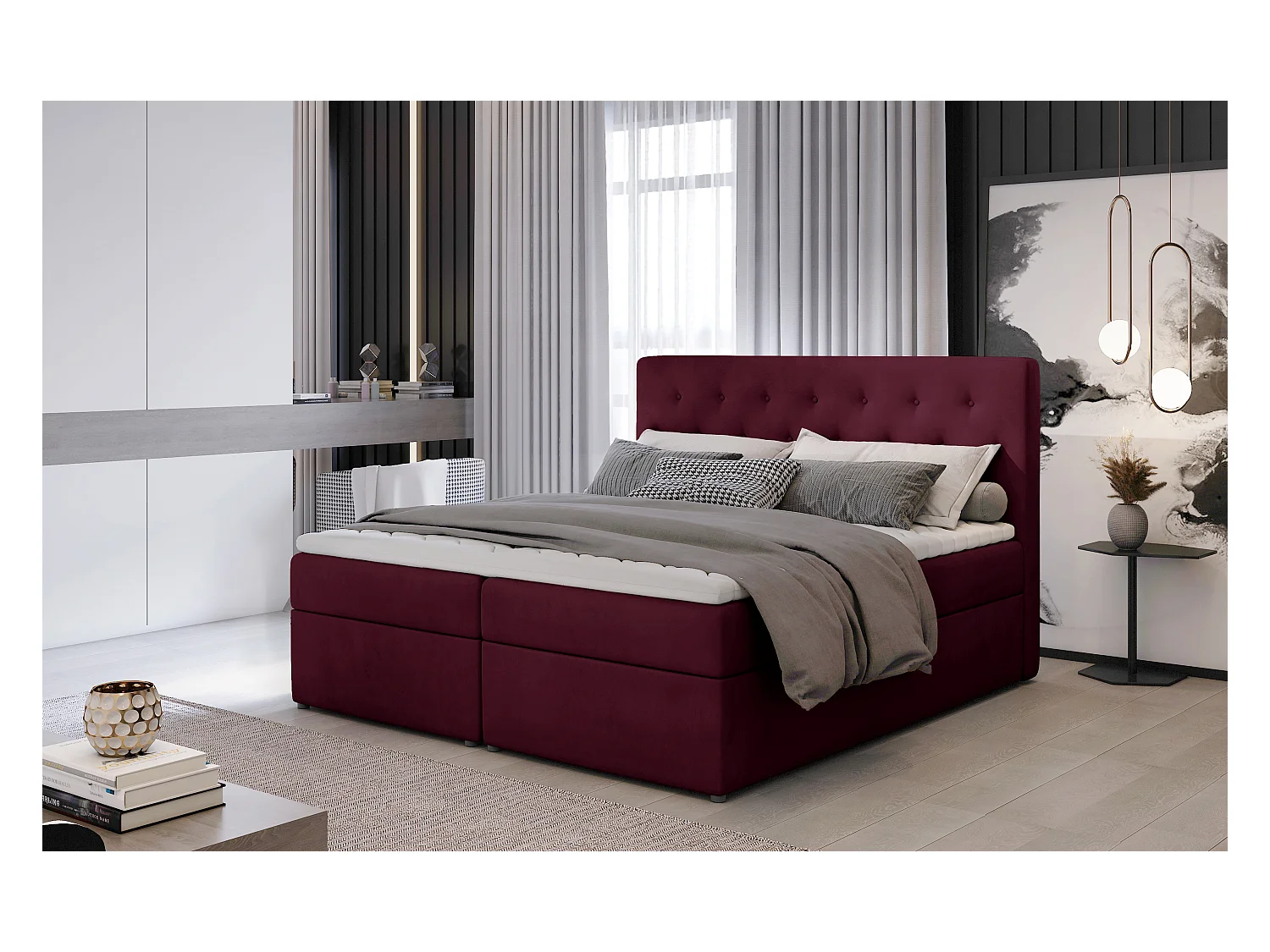 Box Spring Lit Christine S (140x200)/Tissu-Bordeux