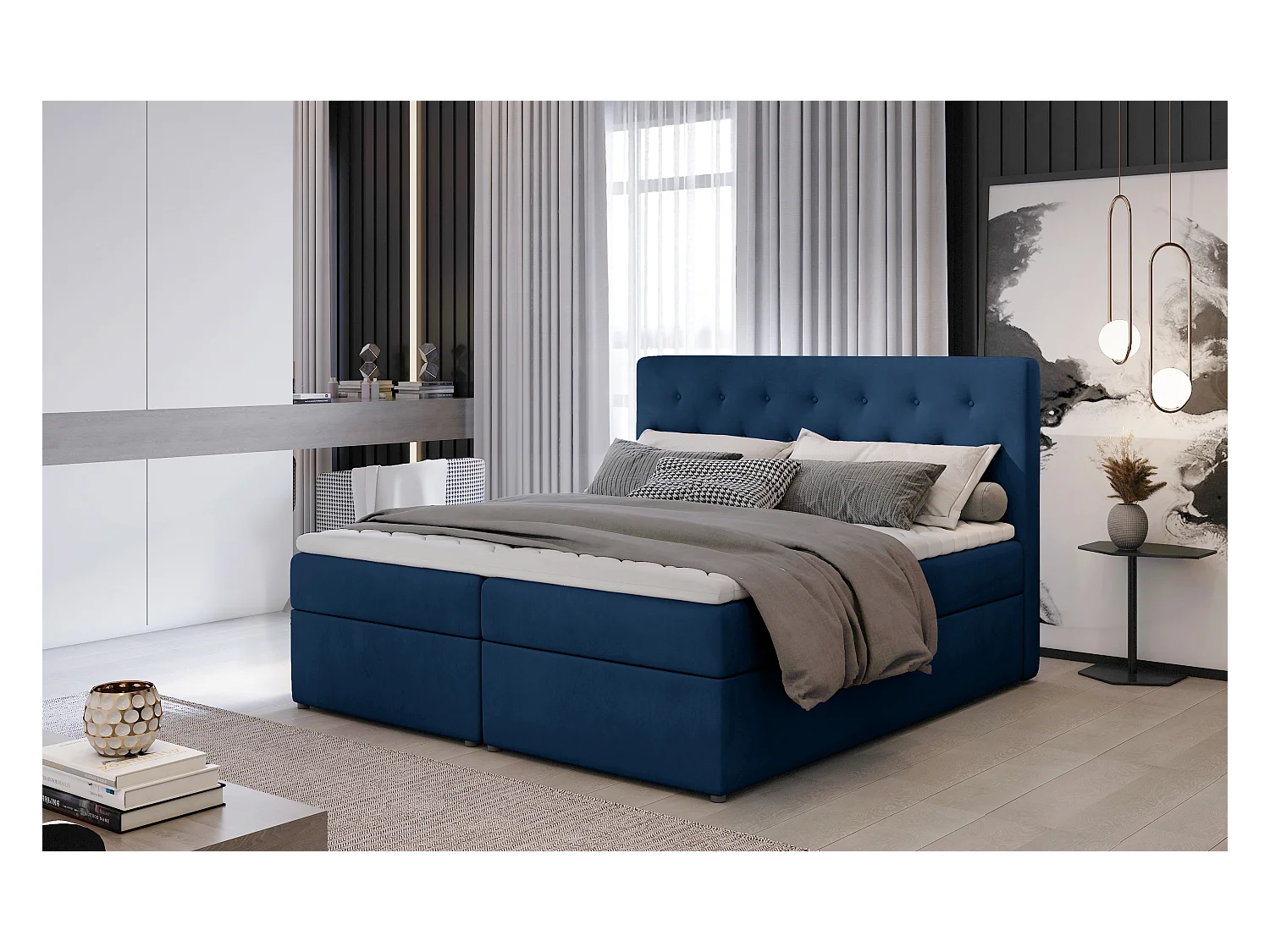 Box Spring Lit Christine M (160x200)/Tissu-Bleu