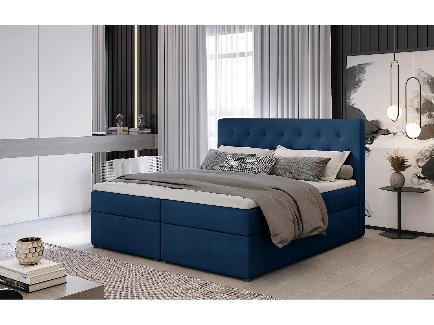 Box Spring Letto Christine M (160x200)/Tessuto-Blu
