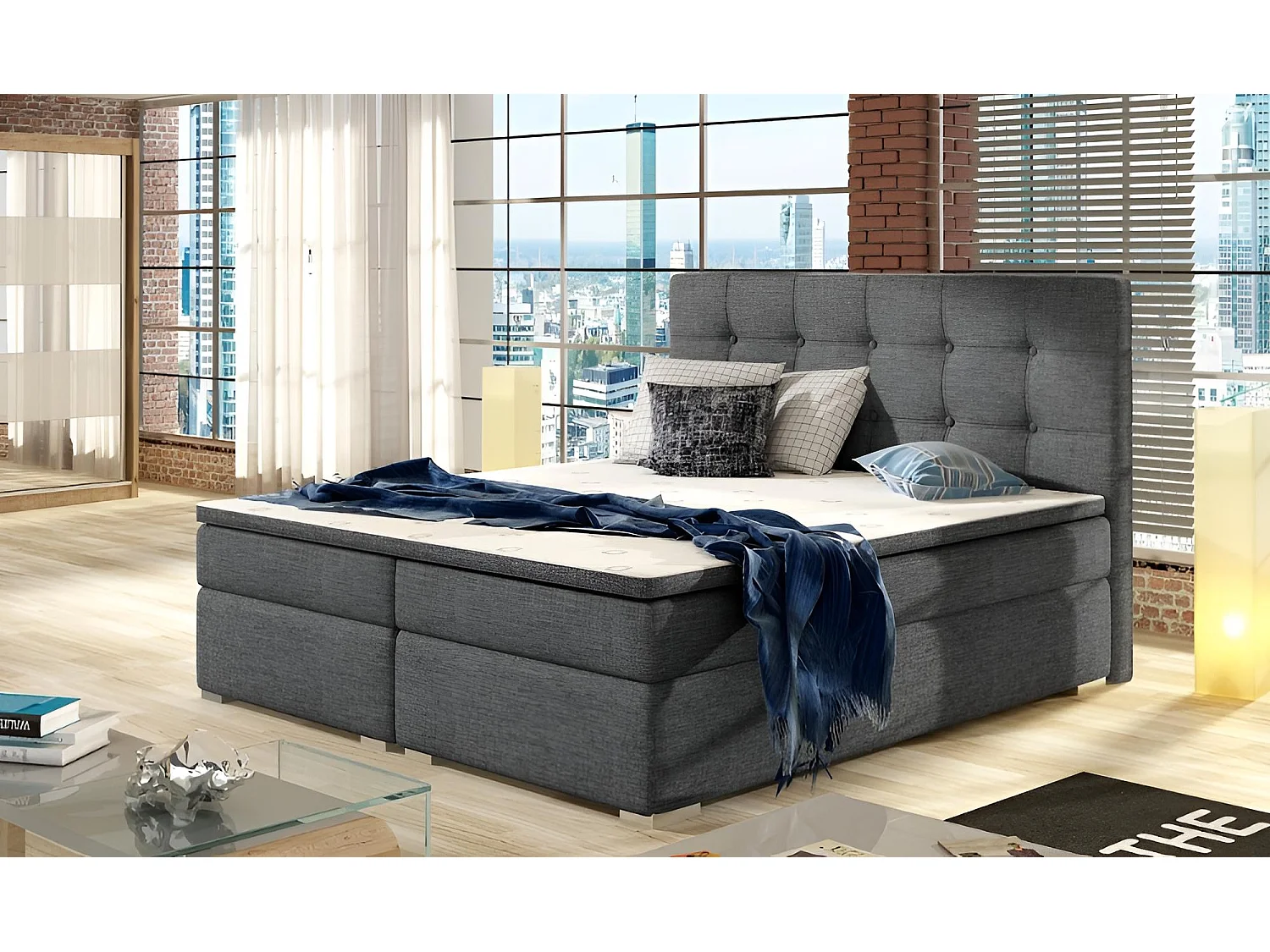 Box Spring Lit Zoe M (160x200)/Tissu/Gris