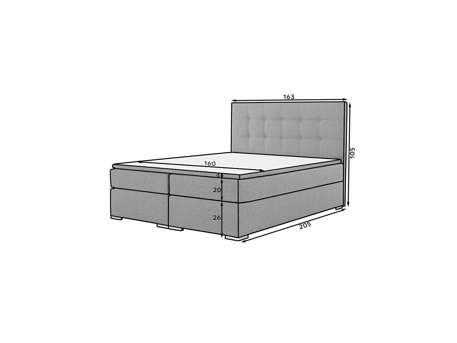 Box Spring Lit Zoe M (160x200)/Tissu/Gris