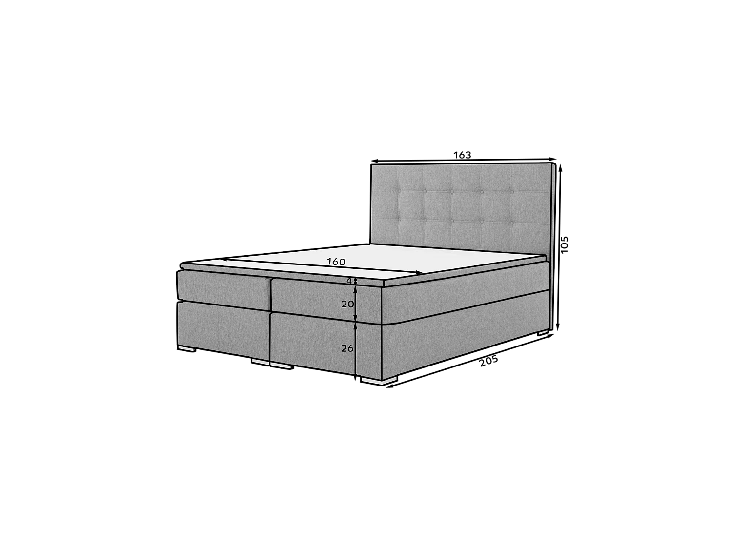 Box Spring Letto Zoe M (160x200)/Tessuto/Grigio