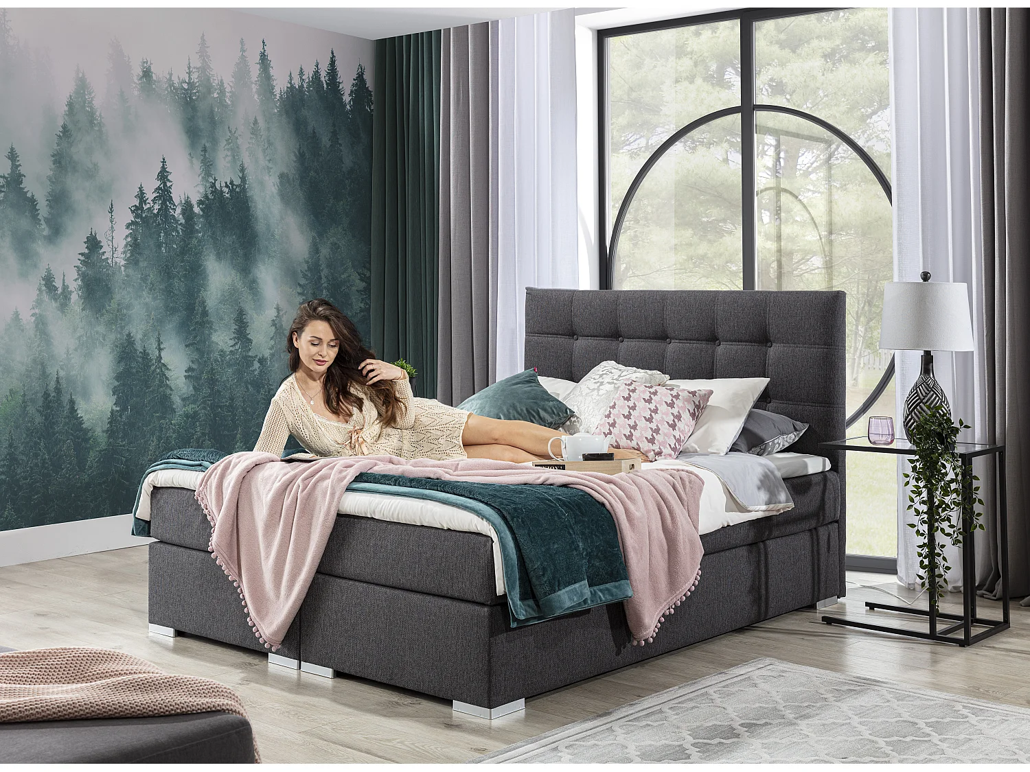 Box Spring Letto Zoe L (180x200)/Tessuto-Grigio