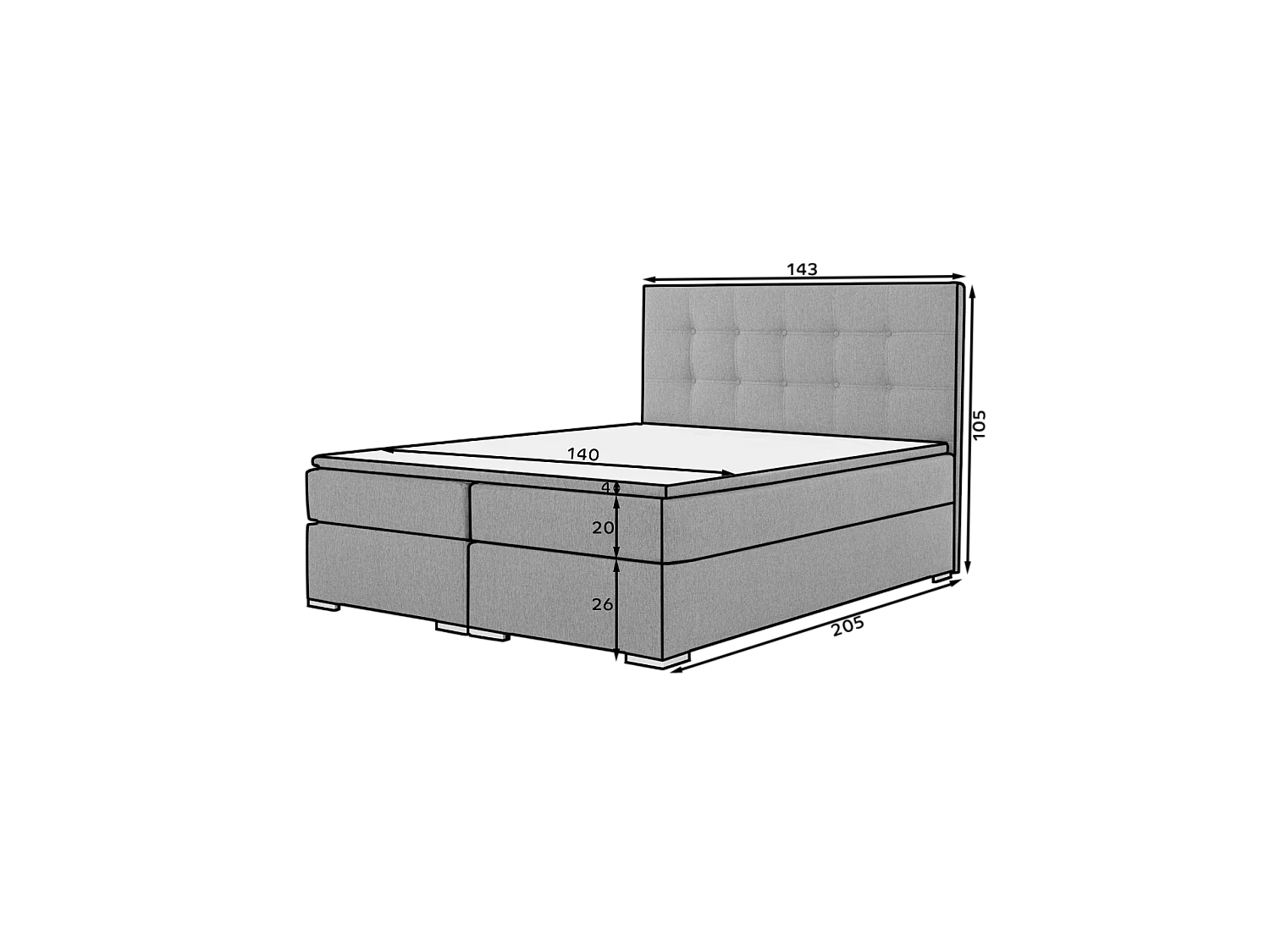 Boxspringbett Zoe S (140x200)/Stoff-Grau