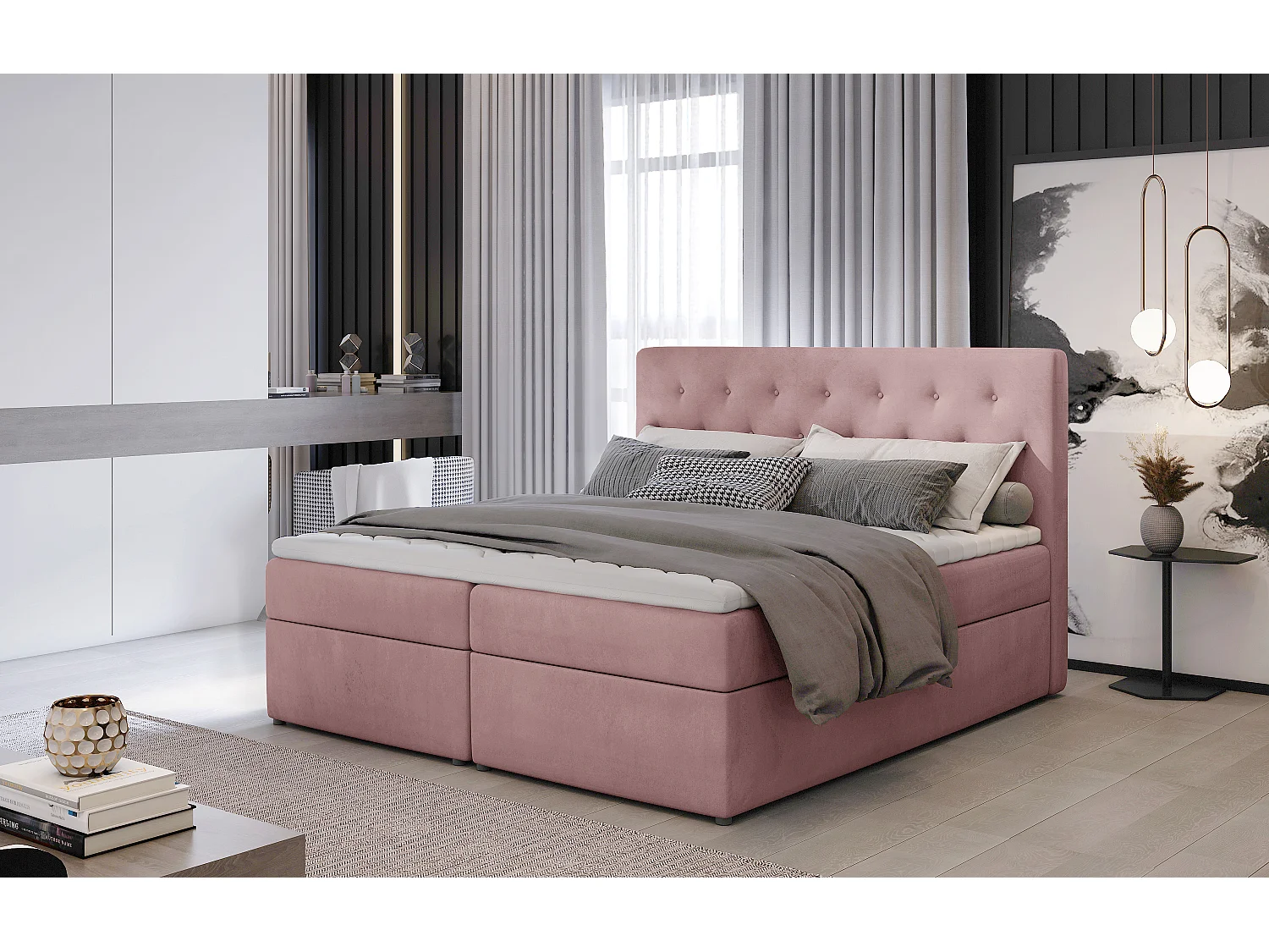 Box Spring Letto Christine M (160x200)/Tessuto-Rosa