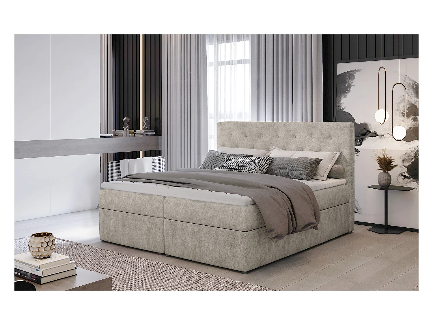 Boxspringbett Christine S (140x200)/Stoff-Beige