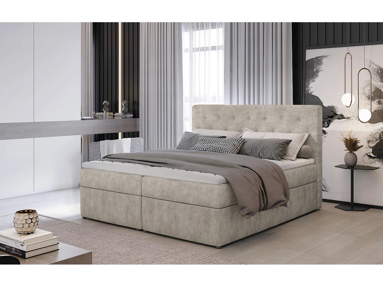 Box Spring Lit Christine S (140x200)/Tissu-Beige