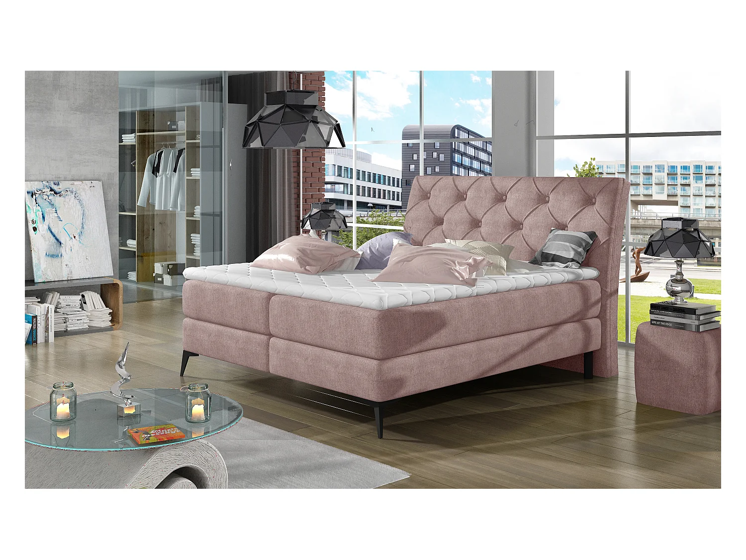 Box Spring Letto Mudryc L (180x200)/Tessuto-Rosa