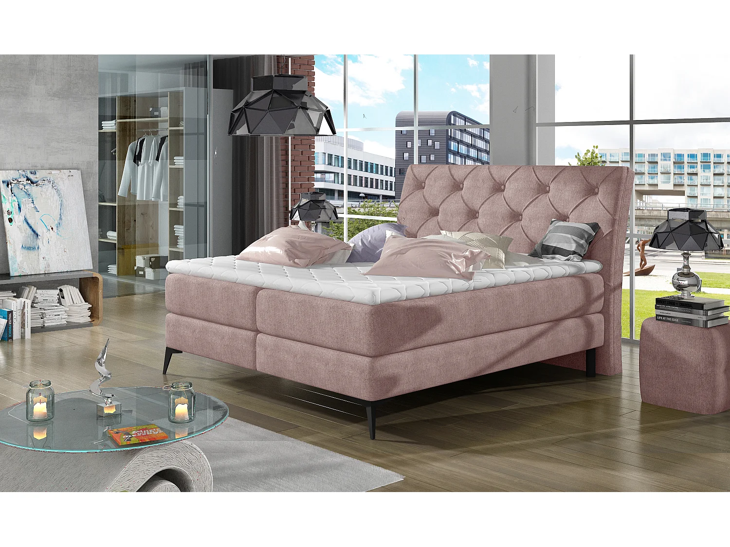 Box Spring Letto Mudryc L (180x200)/Tessuto-Rosa