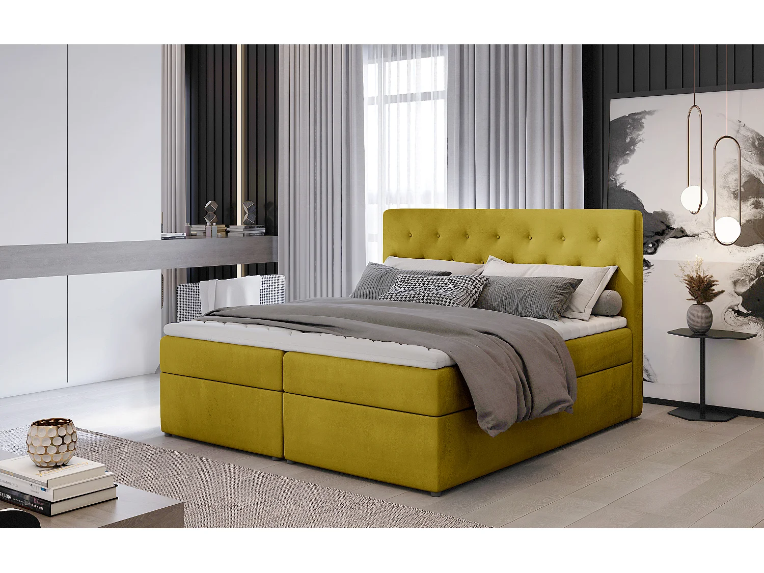 Box Spring Lit Christine M (160x200)/Tissu-Jaune