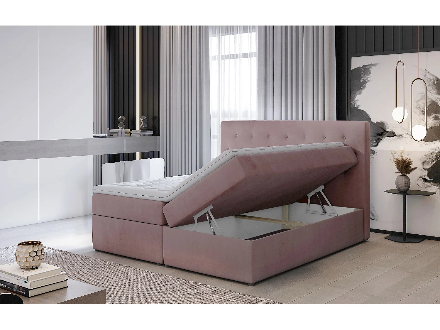 Boxspringbett Christine L (180x200)/Stoff-Rose