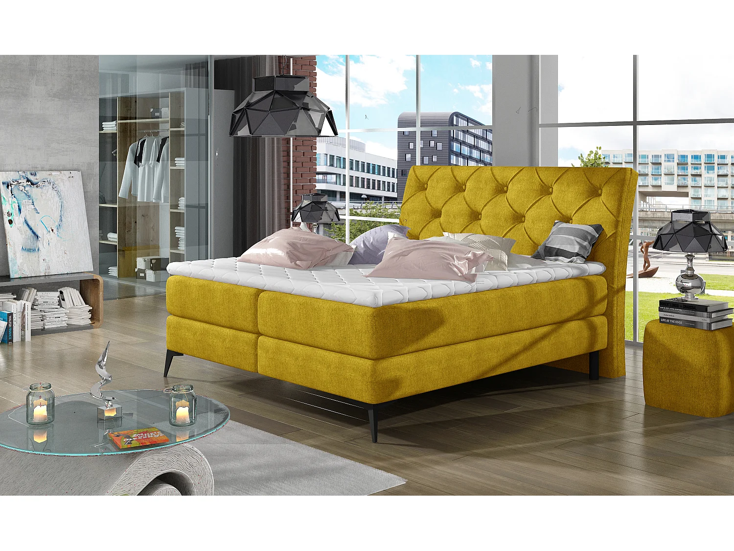 Boxspringbett Mudryc L (180x200)/Stoff-Gelb