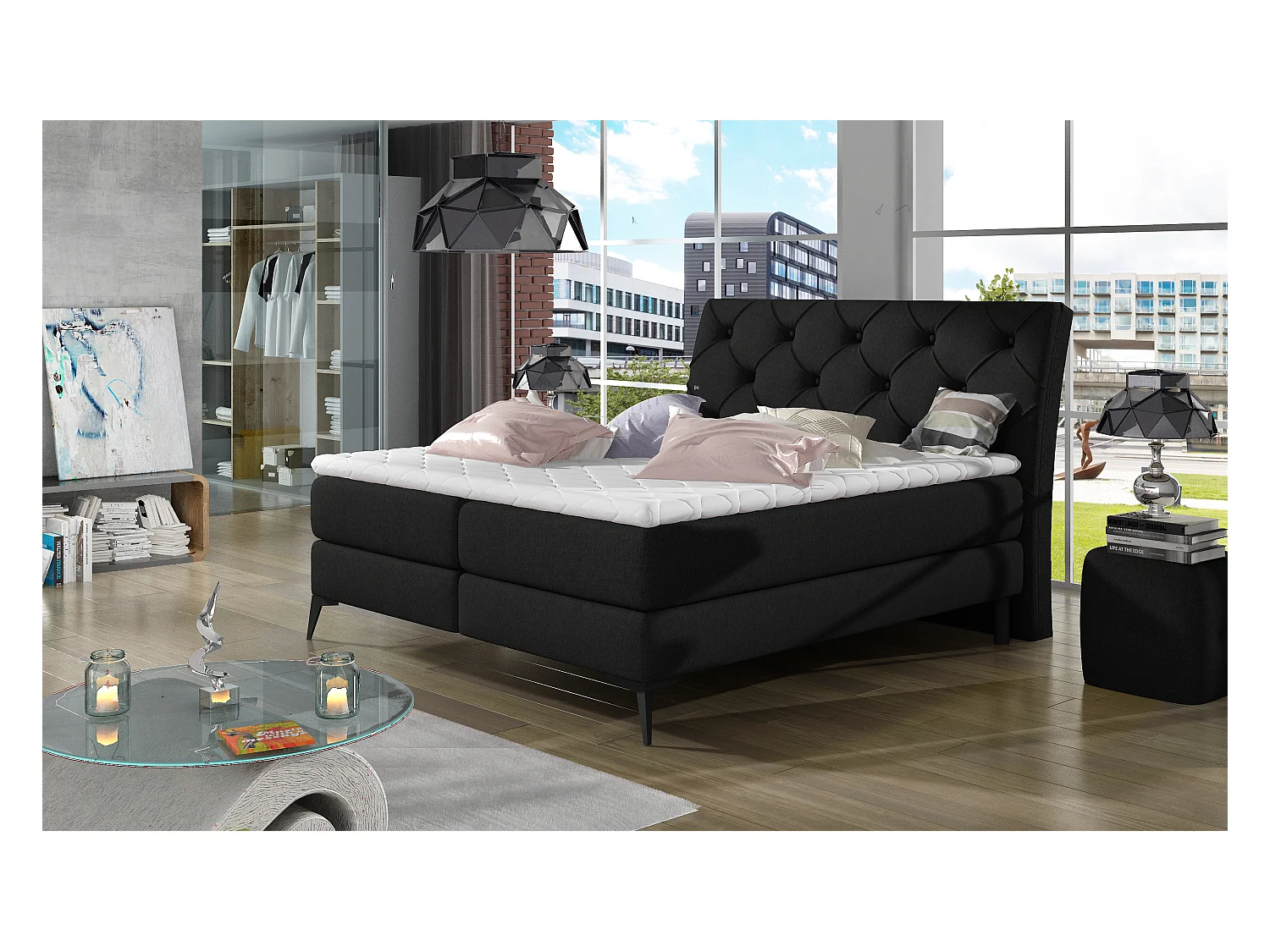 Boxspringbett Mudryc S (140x200)/Stoff-Schwarz