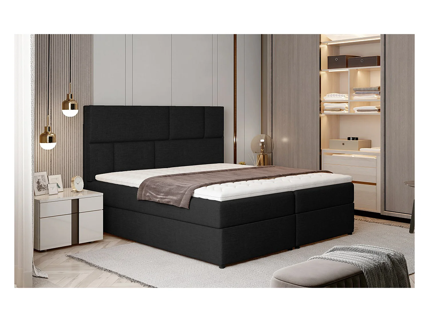 Boxspringbett Limbardo M (160x200)/Stoff-Schwarz