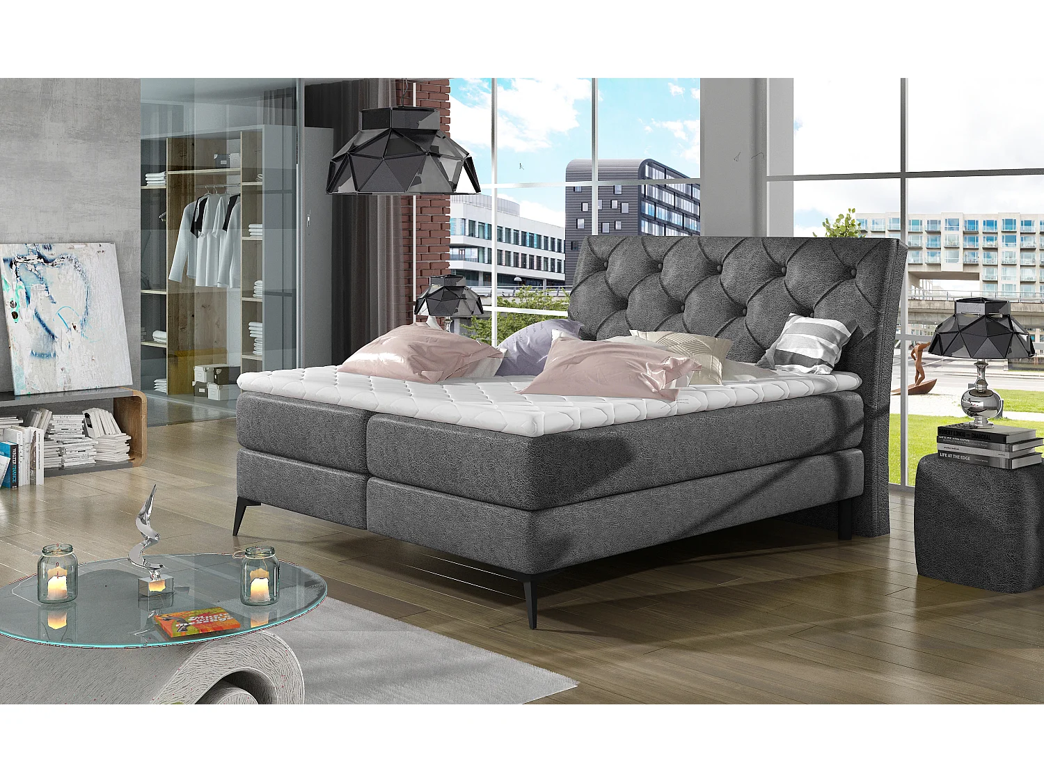 Boxspringbett Mudryc L (180x200)/Stoff-Grau