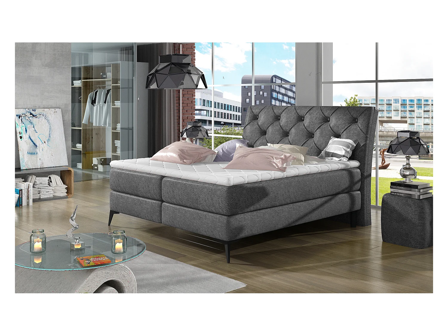 Box Spring Letto Mudryc L (180x200)/Tessuto-Grigio